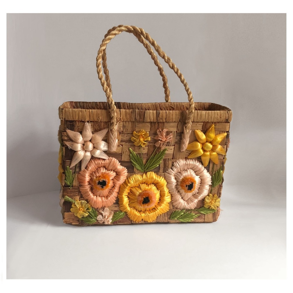 70s Raffia Embroidered Woven Bag